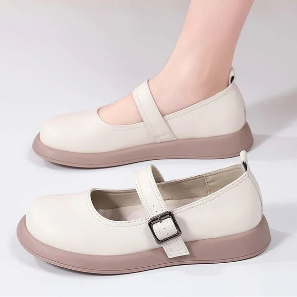 NWT QJN Mary Jane Shoes Women Flat Comfortable leather Casual Ladies beige 8 - Picture 12 of 12